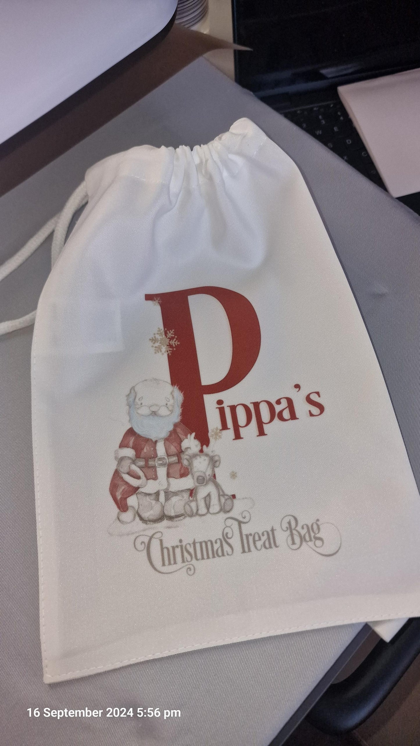 Christmas treat bag/Small gifts, Small Santa Sack - personalised - white draw string bag