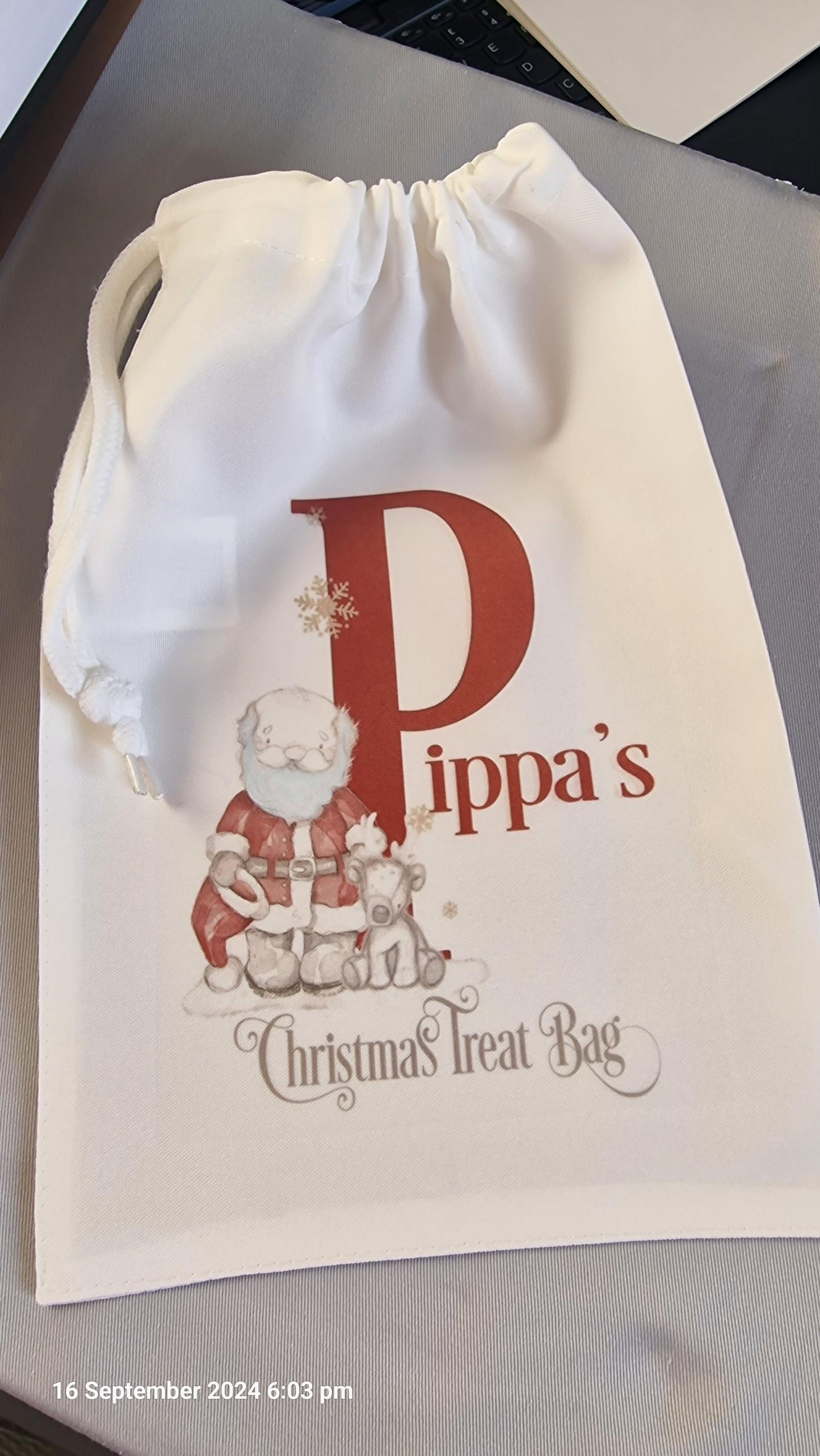 Christmas treat bag/Small gifts, Small Santa Sack - personalised - white draw string bag