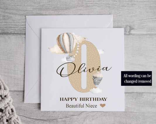 Birthday Card - Name and initial hot air balloon design