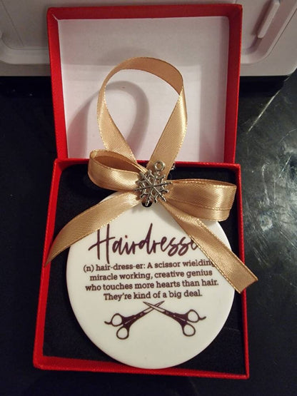 Hairdresser Gift, Ceramic ornament, Hair Salon Gift for her or him Hair stylist, gift boxed