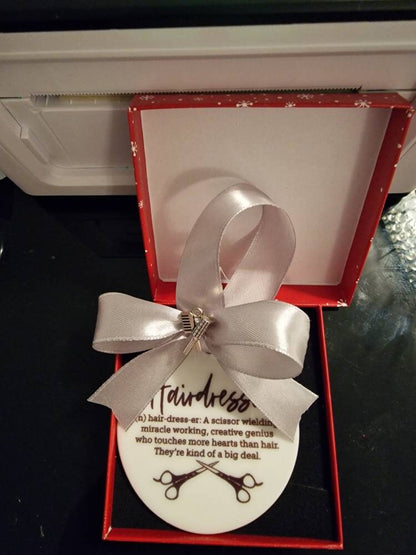 Hairdresser Gift, Ceramic ornament, Hair Salon Gift for her or him Hair stylist, gift boxed