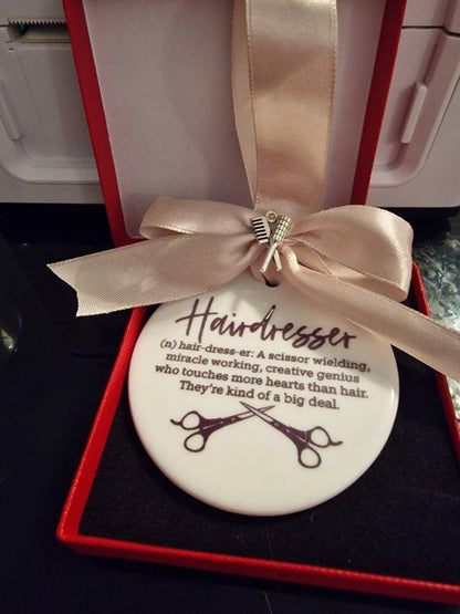 Hairdresser Gift, Ceramic ornament, Hair Salon Gift for her or him Hair stylist, gift boxed