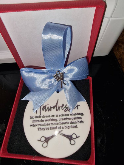 Hairdresser Gift, Ceramic ornament, Hair Salon Gift for her or him Hair stylist, gift boxed