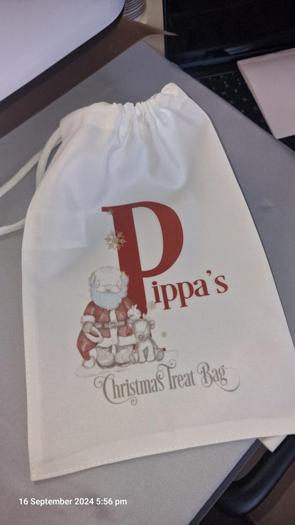Christmas treat bag/Small gifts, Small Santa Sack - personalised - white draw string bag