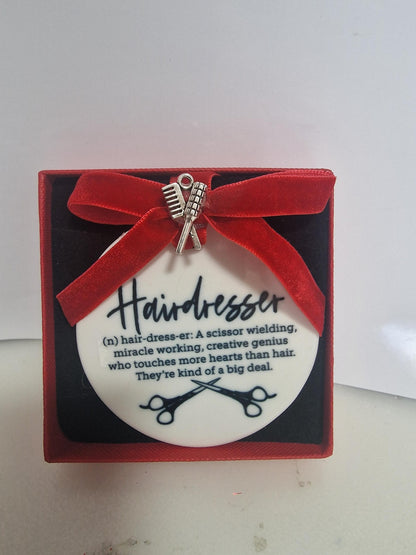 Hairdresser Gift, Ceramic ornament, Hair Salon Gift for her or him Hair stylist, gift boxed