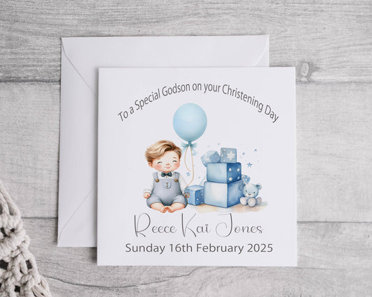 Baby Boy Christening/Baptism Card baby boy and blocks design - Personalised