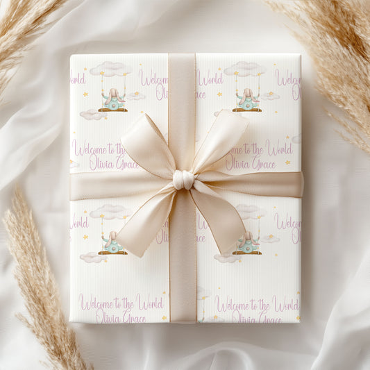 New Baby Rabbit on a swing pink personalised Gift Wrap -A3 sheets only